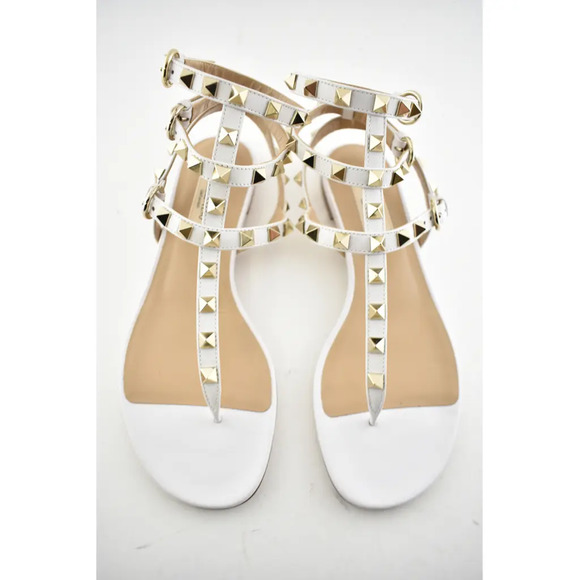 Valentino Rockstud White Leather Triple Ankle Strap Gladiator Flat Sandal 35.5 - Picture 7 of 12